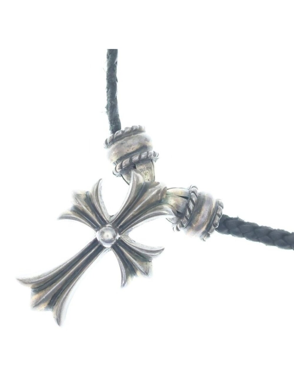 Chrome Hearts CH CL Small CH Cross Crimp Leather Braid Necklace Silver Black